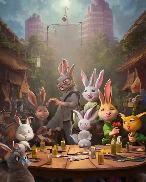 Prompt: an epic fantasy comic book style portrait painting of a group of rabbit characters outside a restaurant, beers on the table, crowded, character design by mark ryden and pixar and hayao miyazaki, unreal 5, daz, hyperrealistic, octane render, cosplay, rpg portrait, dynamic lighting, intricate detail, summer vibrancy, cinematic, village, animals, bunny