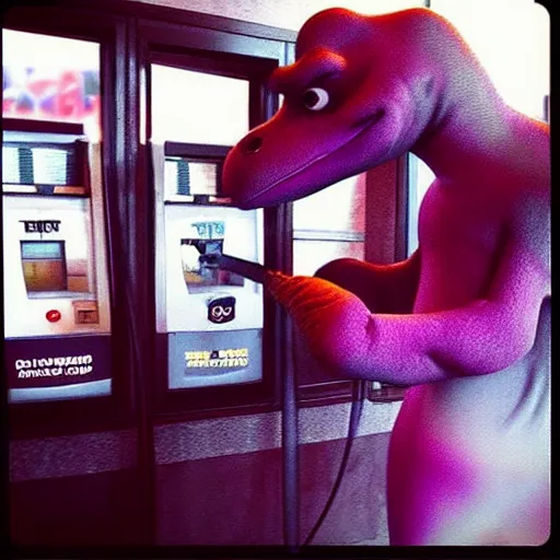 Prompt: “ security camera footage of barney the dinosaur robbing a gas station ”