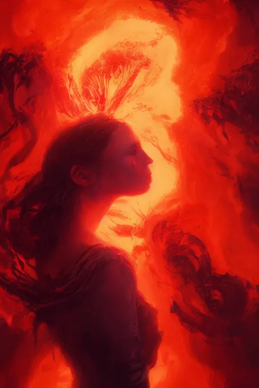 Image similar to a head and shoulder portrait of a goddess women engulfed in deep coloured flames by Greg Rutkowski, Sung Choi, Mitchell Mohrhauser, Maciej Kuciara, Johnson Ting, Maxim Verehin, Peter Konig, Bloodborne , 8k photorealistic, cinematic lighting, HD, high details, atmospheric , trending on artstation