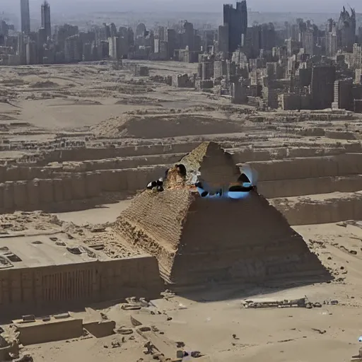 Image similar to egyptian pyramids in manhattan drone footage shot on arri alexa flat light high detail