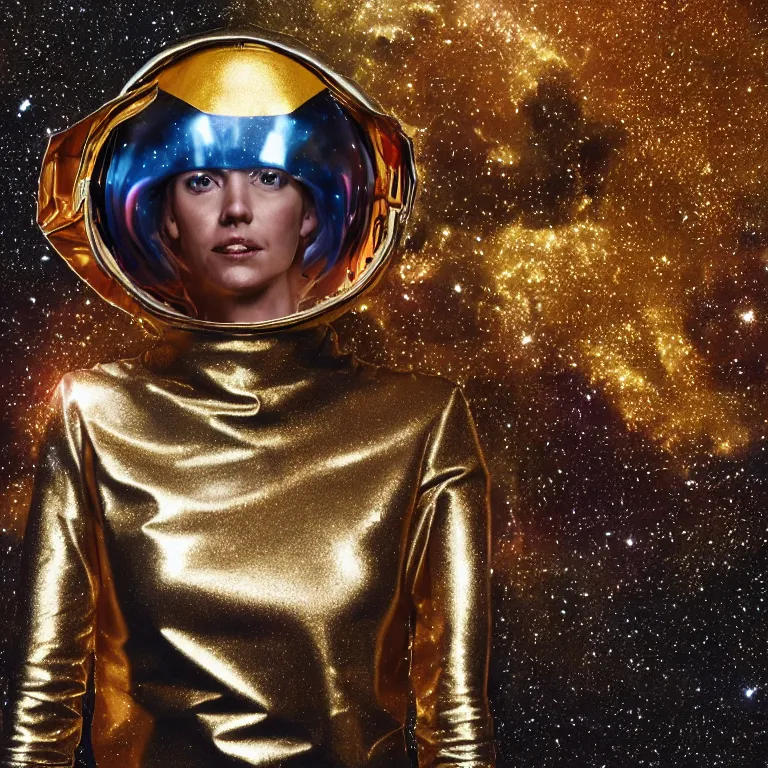 Prompt: octane render portrait by wayne barlow and carlo crivelli and glenn fabry, subject is a woman covered in colorful aluminum foil space suit made of nebula with a colorful metallic space helmet, floating inside a futuristic black and gold space station, cinema 4 d, ray traced lighting, very short depth of field, bokeh