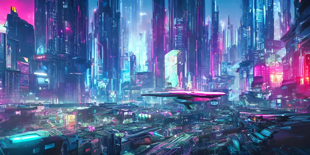 Prompt: cyberpunk city landscape, flying cars, ultrafine highly detailed hyper colorful illustration, sharp focus, unreal engine highly rendered, global illumination, radiant light, subtle light fog, intricate and detailed environment