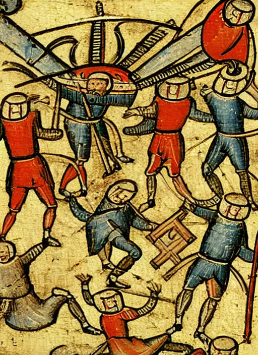 Prompt: A painting of (((quadrocopter))) attack peasant, medieval graphic, high detailed, codex