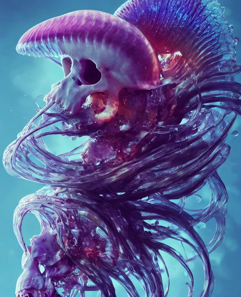 Image similar to goddess close-up portrait animal skull. jellyfish phoenix head, nautilus, orchid, skull, betta fish, bioluminiscent creatures, intricate artwork by Tooth Wu and wlop and beeple. octane render, trending on artstation, greg rutkowski very coherent symmetrical artwork. cinematic, hyper realism, high detail, octane render, 8k