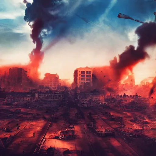 Image similar to destroyed american city, dystopian, war, real, blue sky, smoke, red clouds, detailed, award winning, masterpiece, photograph, cinematic