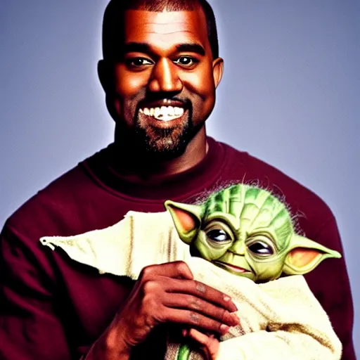 Image similar to kanye west smiling and holding holding yoda for a 1 9 9 0 s sitcom tv show, studio photograph, portrait c 1 2. 0