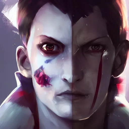 Image similar to beautiful portrait of hisoka morow, hyper realistic, sharp, greg rutkowski, wlop, loish, dishonored 2, soft lighting