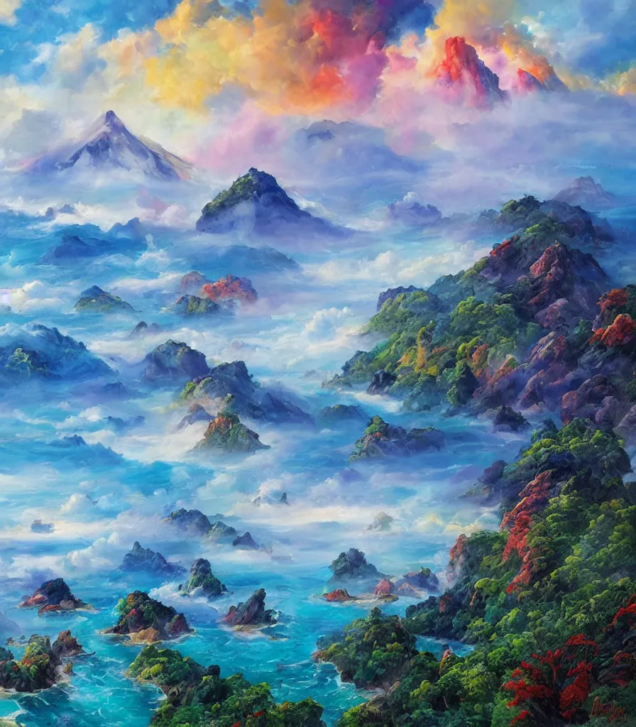 Prompt: a Breathtakingly enchanted landscape with Tropical islands in a colourful ocean and magnificent msystic volcanoes in the background, that are slightly obscured by magical mist in the style of Ken Hong Leung, artstudio, impasto oil painting, high fidelity, fine-grained, charcoal line art