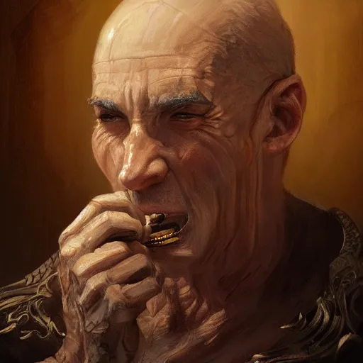 Prompt: portrait of a 6 0 year old male fighter eating beef jerky, fantasy, intricate, elegant, highly detailed, digital painting, artstation, concept art, matte, sharp focus, illustration, art by aenaluck and roberto ferri and greg rutkowski, epic fantasy, digital painting