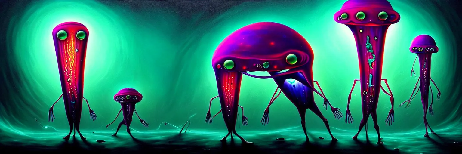 Image similar to strange alien plankton creatures from the depths of the collective unconscious, dramatic lighting, surreal darkly colorful painting by ronny khalil