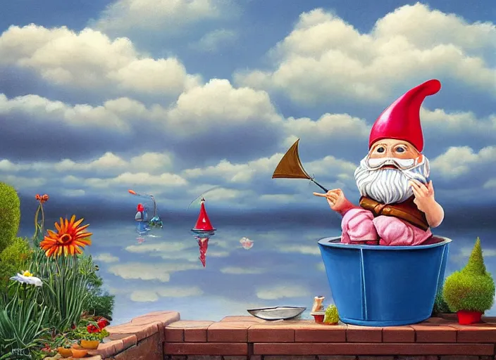 Image similar to a garden gnome sailing in a bucket, whimsical background of a reflective pond on a sunny day with dramatic clouds, an ultrafine detailed painting by mark ryden, trending on deviantart, pop surrealism, whimsical, lowbrow, joyous, perfect symmetrical face