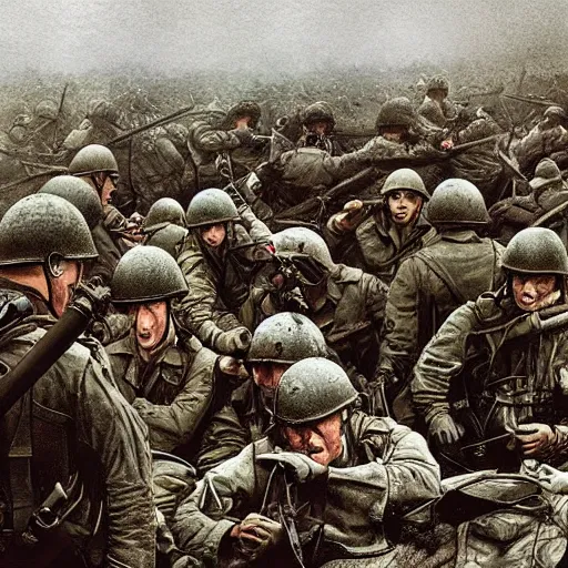 Image similar to d - day scene from saving private ryan except it's by victo ngai and yoji shinkawa moebius jean girard and stuart brown bryan christie godmachine keith thompson psychedelic combat art world war two combat photography photorealistic