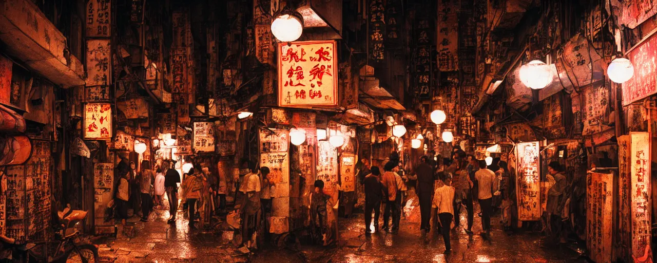 Image similar to digital painting, dynamic 28mm view of a crowded narrow alley in kowloon walled city, dirty, sodium lights,evening, tungstem color balance, cinestill, street photography