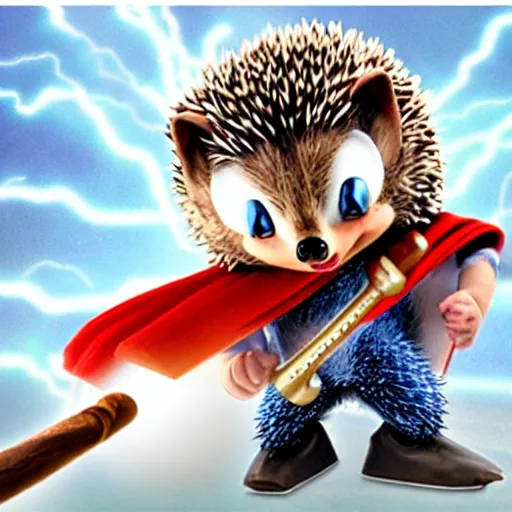 Image similar to the hedgehog thor ~ holding his hammer ~ dramatic thunder background ~ fighting scene ~