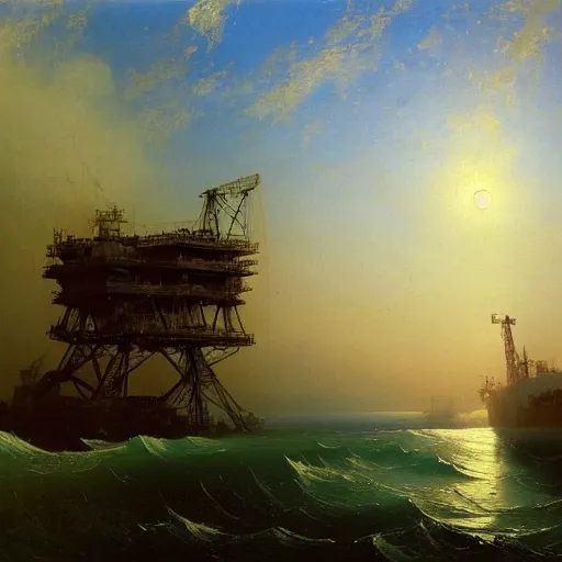 Image similar to post apocalyptic oil rig by aivazovsky, oil on canvas, highly detailed, masterpiece painting