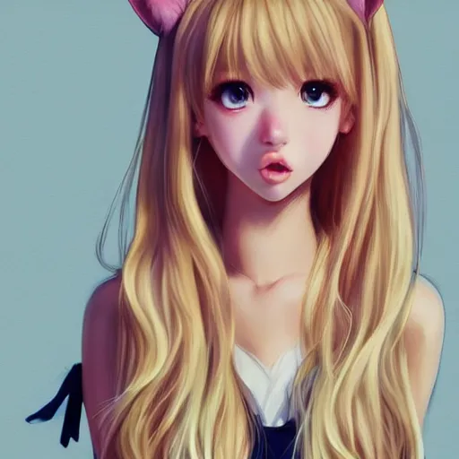 Image similar to realistic beautiful gorgeous natural cute Blackpink Lalisa Manoban blonde hair cute fur blonde cat ears in maid dress outfit golden eyes artwork drawn full HD 4K highest quality in artstyle by professional artists WLOP, Taejune Kim, Guweiz, ArtGerm on Artstation Pixiv