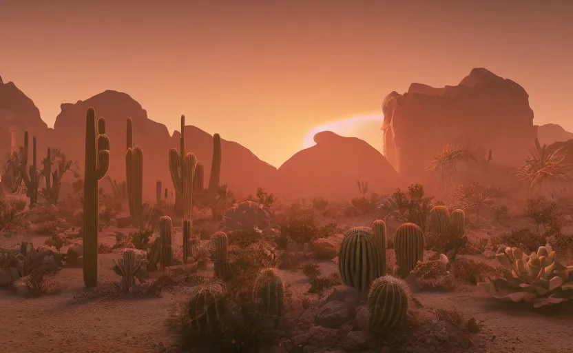 Image similar to a beautiful render of a sci - fi scientific industrial facility localized in a desert cave, cacti, patches of yellowish - red - magenta sky, sunset lighting, detailed, hazy, dry, volumetric lighting, god rays, 8 k, photorealistic, raytracing effects, rtx on