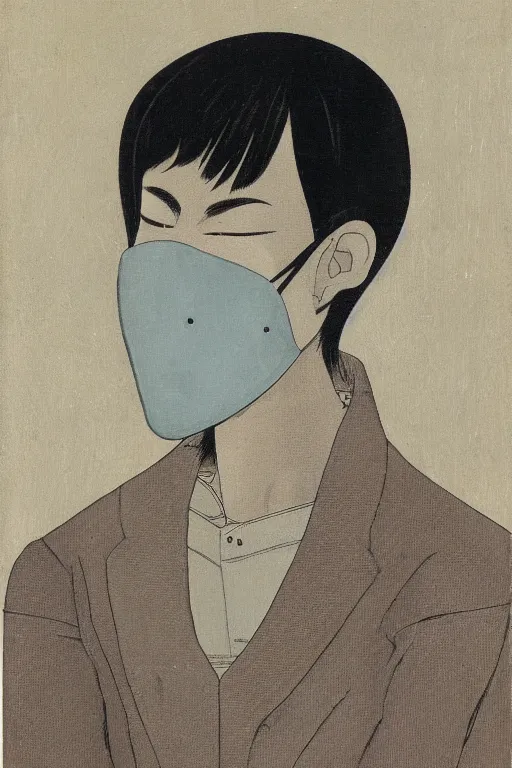 Prompt: portrait of young man wearing black medical mask, style of tsuguharu foujita