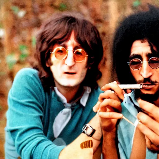 Prompt: happy young john lennon smoking a joint with bob Marley, photograph by Willy Spiller, 1970s