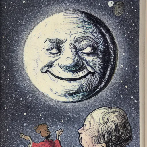 Image similar to dan morris celestial smiling talking moon portrait, side view, surrounded by clouds, illustrated by peggy fortnum and beatrix potter and sir john tenniel