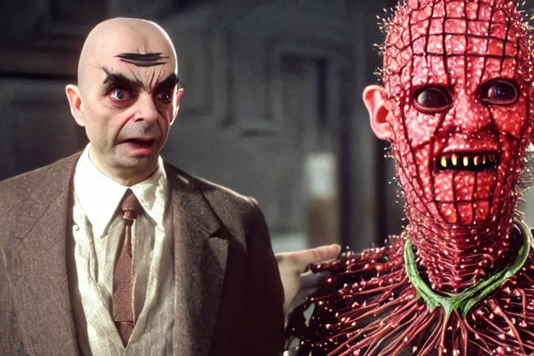 Prompt: VFX movie where Mr. Bean plays Pinhead from Hellraiser production photo