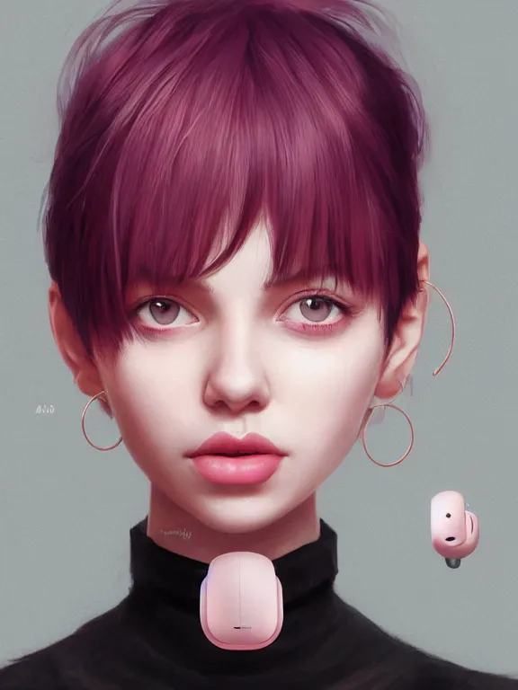 Image similar to beautiful russian girl with short pink hair and nose piercing, wearing airpods, a black choker, thin round earrings, winds of winter, au naturel, hyper detailed, digital art, trending in artstation, cinematic lighting, studio quality, smooth render, octane rendered, concept art, sharp focus, illustration, art by artgerm and greg rutkowski and wlop