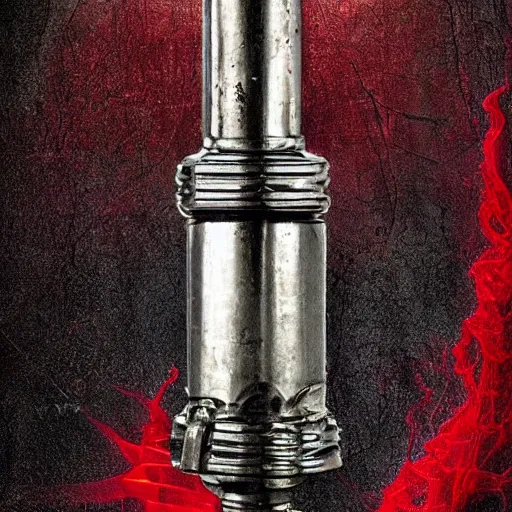 Image similar to Antique ornate sci-fi syringe filled with red liquid, dramatic lightning backround