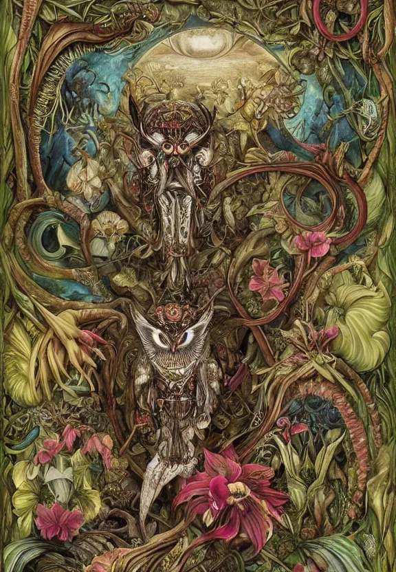 Prompt: simplicity, elegant, colorful muscular owl, botany, orchids, radiating, mandala, psychedelic, garden environment, wolf skulls, by h. r. giger and esao andrews and maria sibylla merian eugene delacroix, gustave dore, thomas moran, pop art, biomechanical xenomorph, art nouveau, cheerful, glass domes