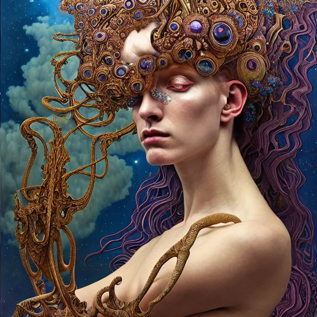 Image similar to detailed realistic beautiful young groovypunk queen of andromeda galaxy in full regal attire. face portrait. art nouveau, symbolist, visionary, baroque, giant fractal details. horizontal symmetry by zdzisław beksinski, iris van herpen, raymond swanland and alphonse mucha. highly detailed, hyper - real, beautiful