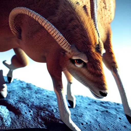 Image similar to professional photo ibex on the moon, closeup shot, hyperrealistic masterpiece, trending on artstation, cgsociety, kodakchrome, golden ratio, cinematic, composition, beautiful lighting, hyper detailed, sharp focus, octane render, 4 k, unreal engine