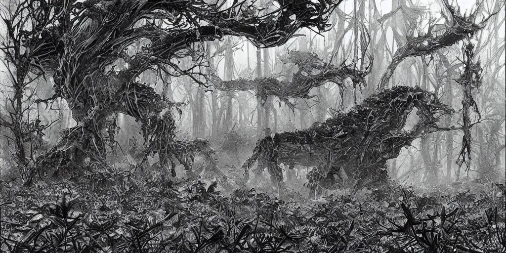 Image similar to photorealistic, ruined english bungalow at night, overgrown vegetation, in the forest, apocalypse, very dark, fog, skinny evil creatures, hell scape, horrifying, hyperrealistic, grimdark, art by tsutomu nihei