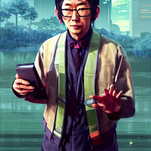 Image similar to Portrait of a japanese man wearing a solarpunk scientist outfit in a grand theft auto 5 loading screen , art by Albert Bierstadt and James Gurney, highly detailed, digital painting, matte painting, concept art, illustration, oppressive lighting, trending on artstation, very detailed