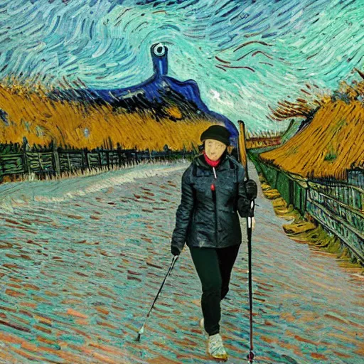 Prompt: julia robberts nordic walking by van gogh