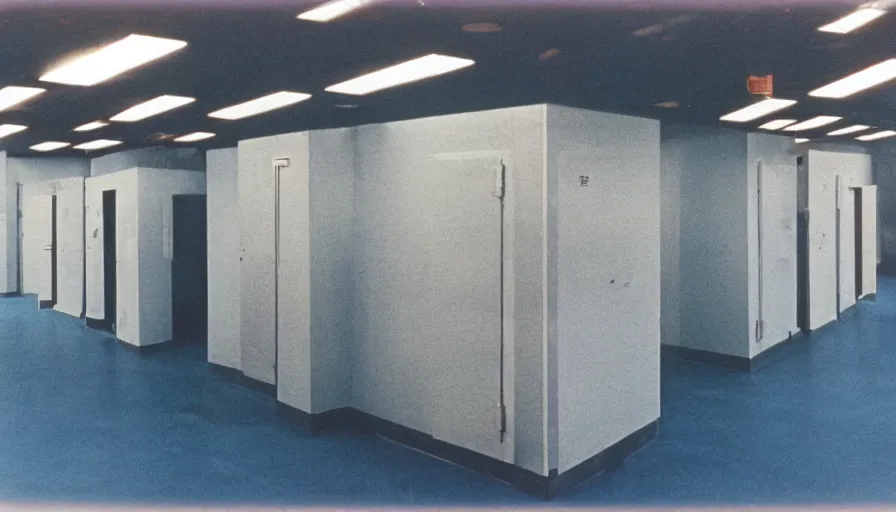 Prompt: 60s movie still of a sovietic stalinist style empty blue tiles room with visible toilets, cinestill 800t 50mm eastmancolor, liminal Space style, heavy grain-s 150