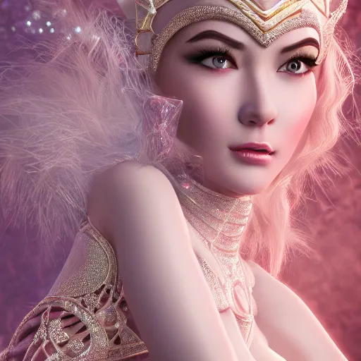 Image similar to portrait of wonderful princess of diamonds with fair skin, ornate, 8 k, gorgeous, intricate, detailed, glowing white accent lighting, dramatic lighting, octane render