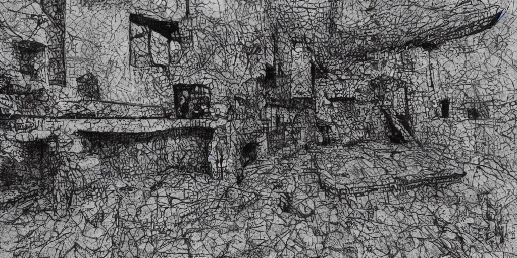 Prompt: very primitive sketch with water spot escher style pattern of 3 6 0 panorama, three point perspective cubes with the texture of old rust and trash