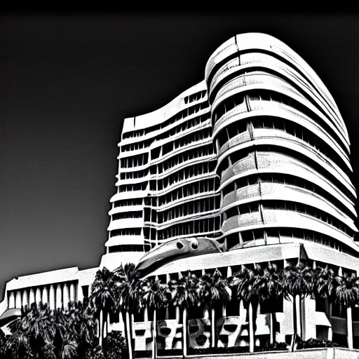 Prompt: Capitol records building in Los Angeles in ruins, apocalypse, black and white, highly detailed, red, hyperrealistic, artstation, future