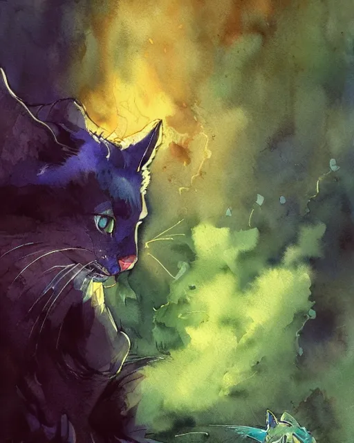 Prompt: blue cat on a green field, cloaked in ethereal fire and smoke, watercolor portrait by rembrandt and kim jung gi, anato finnstark, artstation, deviantart