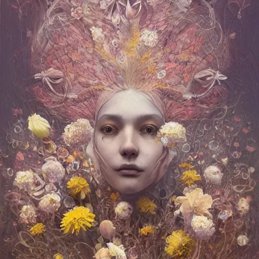 Prompt: a painting of a ghost surrounded by flowers, a surrealist painting by yoann lossel, trending on cgsociety, pop surrealism, made of flowers, cosmic horror, lovecraftian