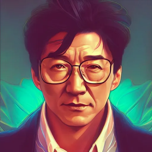 Image similar to Jackie Chan as Tony Stark, ambient lighting, 4k, alphonse mucha, lois van baarle, ilya kuvshinov, rossdraws, artstation