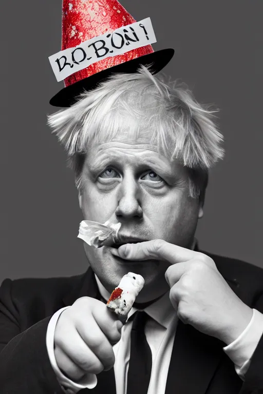 Prompt: boris johnson wearing a party hat and smoking a weed joint, photographed, portrait, photographic, hdr, 4 k