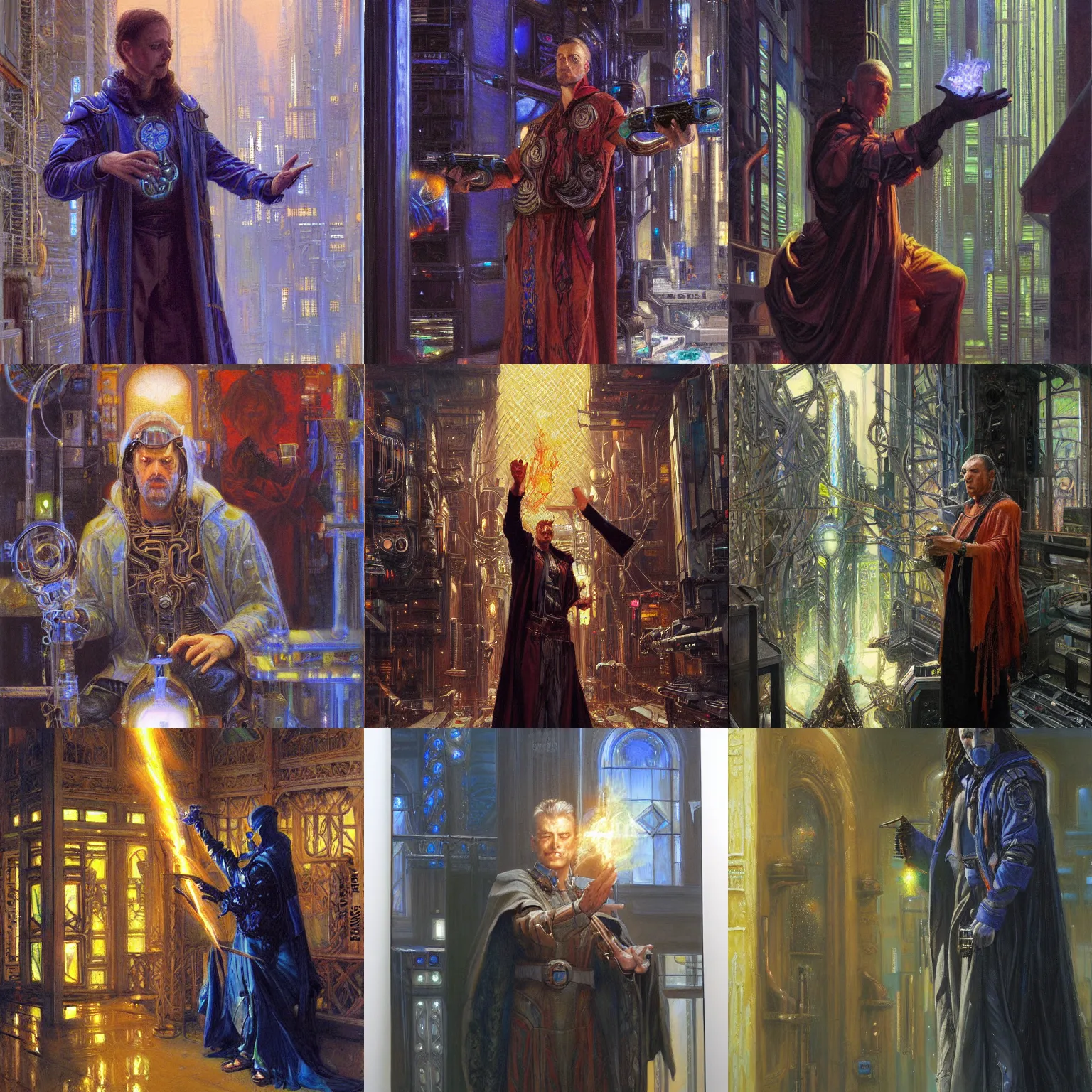 Prompt: painting by donato giancola, cyberpunk mage casting a spell, portrait