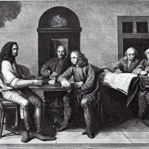 Prompt: photograph of issac newton, elon sitting in the right, issac newton sitting in the left, bitcoins on the table, crowd of peoples looking at them