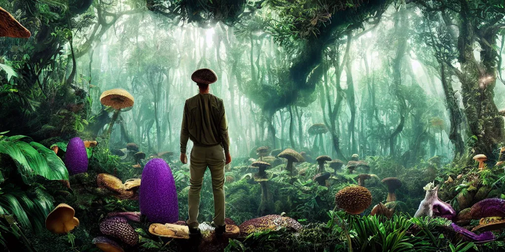 Prompt: extra wide view. person made of mushrooms standing in a marvelous magic forest jungle inhabited with fantastic creatures. iridescent. annihilation. hyper - detailed. hyperreal. unreal render.