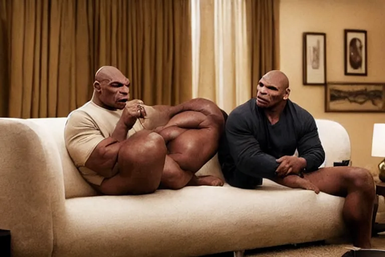 Image similar to a giant toad sitting with mike tyson in a large clean hotel room, on a couch, movie directed by martin scorsese and christopher nolan, masterpiece, 8 h