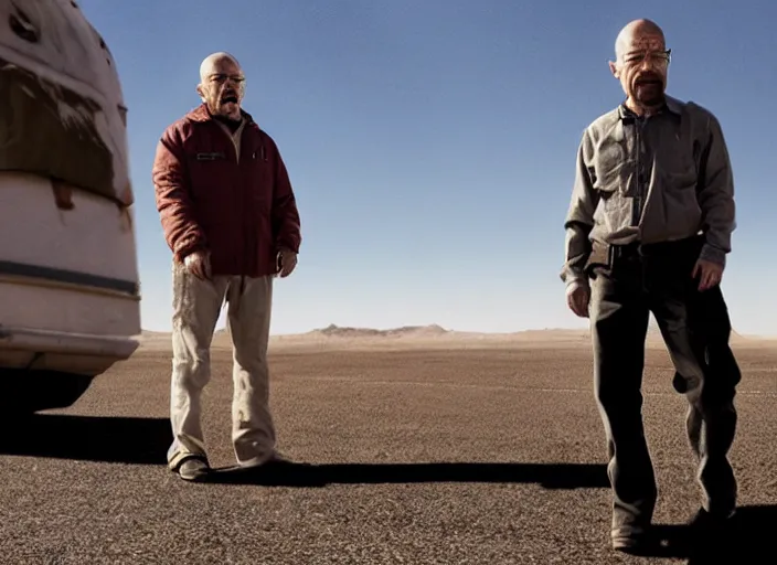 Prompt: Crewmate from Among Us (2016) with Walter White, movie screenshot, detailed, realistic, clean composition