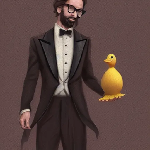 Prompt: a german very long light brown hair guy with glasses and stubble beard on a tuxedo holding a rubber duck!, trade offer meme, art by greg rutkowski, intricate, elegant, sharp focus, digital painting, concept art, matte, art by artgerm