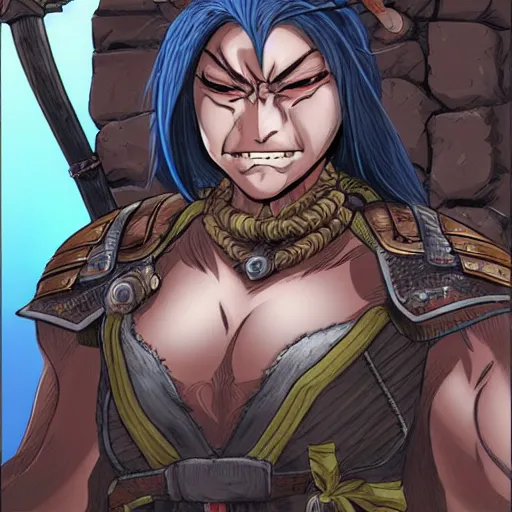 Image similar to portrait of a female orc warrior in Yusuke Murata style, D&D, dungeons and dragons, anime