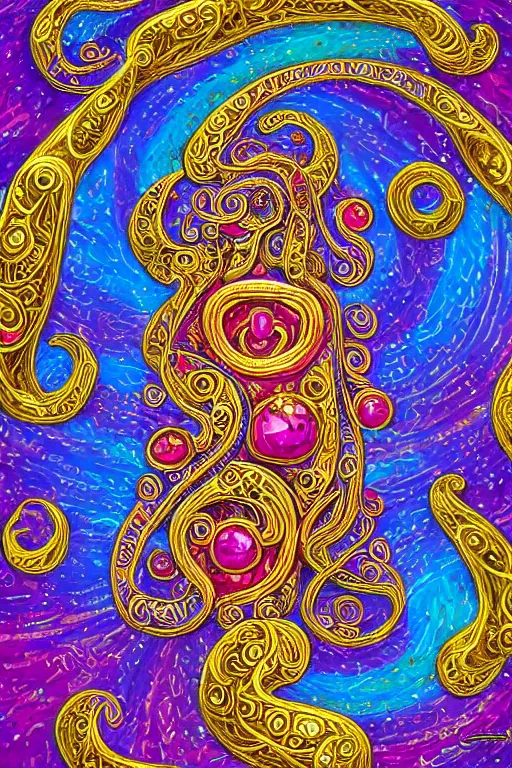 Image similar to a intricate background design with deep and intricate rune stones and rubies, and twisting intricate golden linework lovecraftian by lisa frank, atomic stars, digital art, photorealistic, highly detailed, intricate painted by peter max