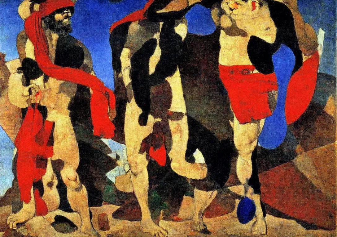 Image similar to a multiracial greek god following a watchful light through the streets of a city, saturated color scheme, sparse detail, by george luks, joan miro and moebius